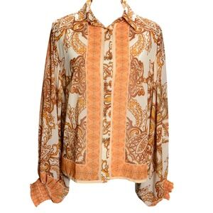 FLYING TOMATO Boho Paisley Button Up Blouse Sheer Flowy 70s Inspired Statement M